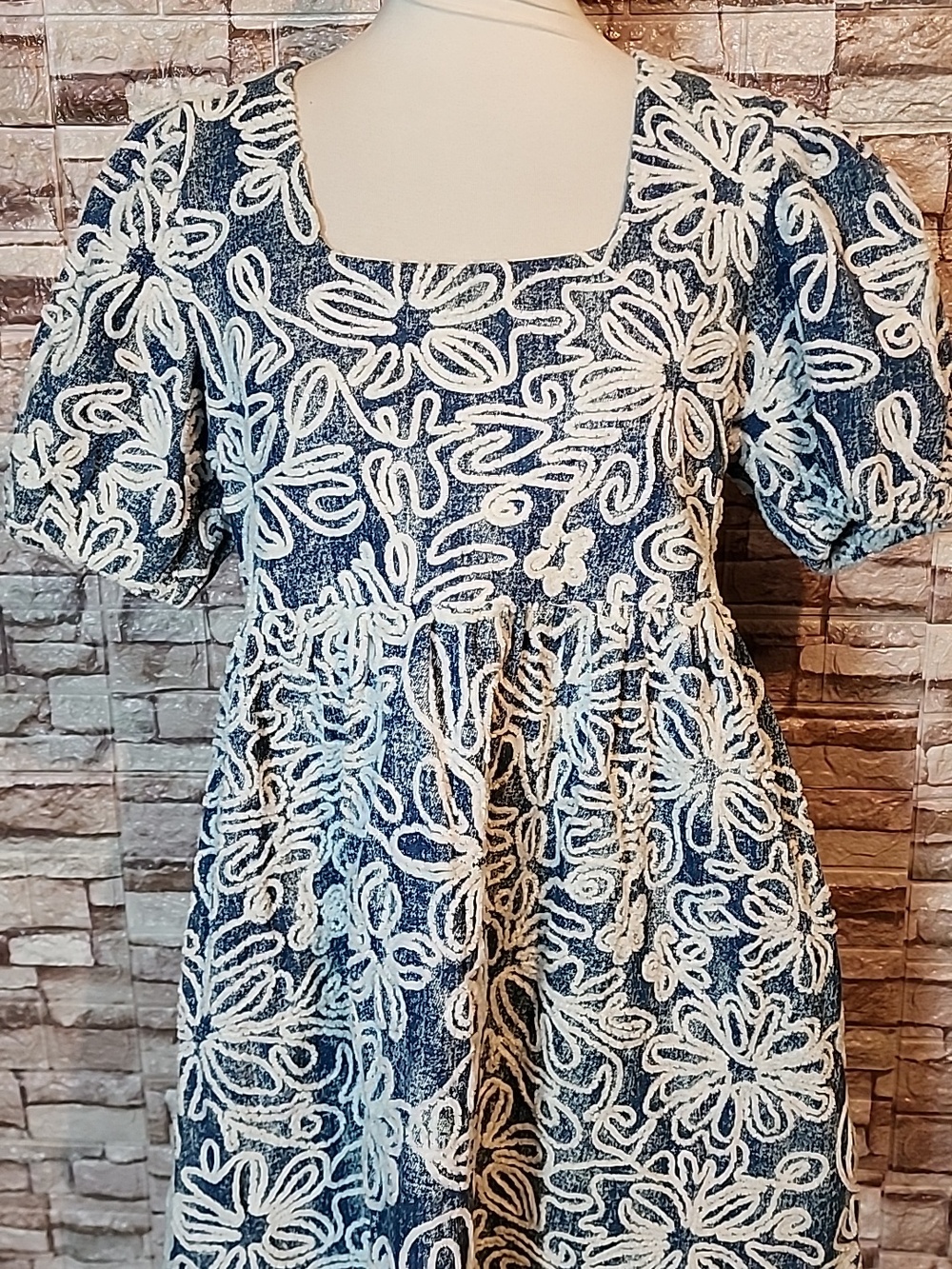 Entro Blue Puff Sleeve Lace Baby Doll Dress - Picture 2 of 13